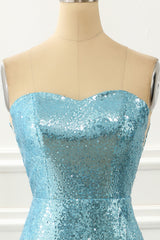 Fairytale Dress, Strapless Blue Sequin Mermaid Prom Dress With Feathers