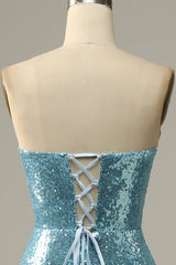 Bridesmaid Dresses 2047, Sky Blue Sweetheart Sequined Mermaid Prom Dress With Feathers