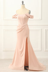 Party Dresses For Teens, Blush Off the Shoulder Mermaid Prom Dress with Slit
