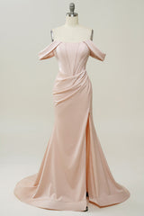 Bridesmaids Dress Peach, Blush Off The Shoulder Mermaid Prom Dress