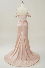 Bridesmaids Dresses Peach, Blush Off The Shoulder Mermaid Prom Dress