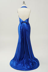 Bridesmaid Dresses Online, Royal Blue Halter Lace Up Backless Prom Dress
