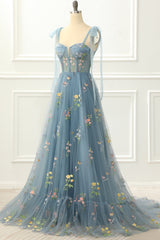 Prom Dress 3 10 Sleeves, A-Line Grey Blue Princess Prom Dress With Embroidery