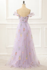 Bridesmaid Dresses Mismatched Neutral, A Line Tulle Off Shoulder Lavender Prom Dress with Embroidered