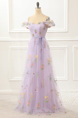 Bridesmaid Dresses Earth Tones, A Line Tulle Off Shoulder Lavender Prom Dress with Embroidered