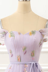 Wedding Decor, A Line Tulle Off Shoulder Lavender Prom Dress with Embroidered