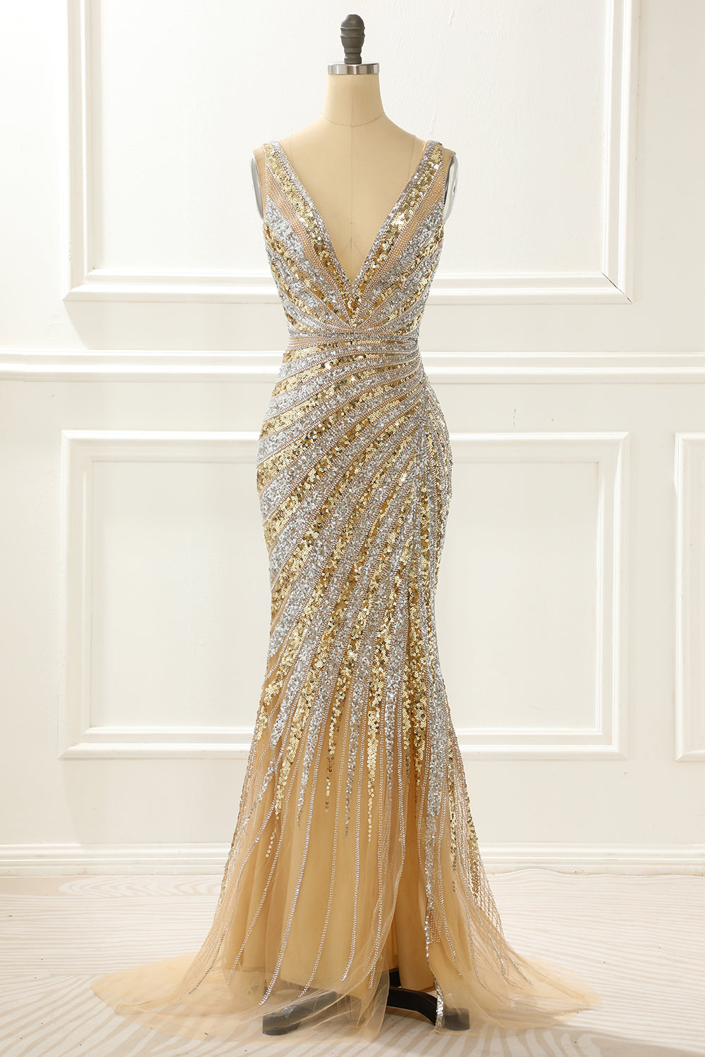 Bridesmaid Dress Cheap, Golden Mermaid Sequin Prom Dress with Silt