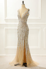 Bridesmaid Dress Designers, Golden Mermaid Sequin Prom Dress with Silt