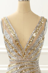 Bridesmaids Dress Designers, Golden Mermaid Sequin Prom Dress with Silt