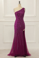 Bridesmaid Dresses Strapless, One Shoulder Purple Beaded Prom Dress with Slit