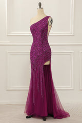 Engagement Photo, One Shoulder Purple Beaded Prom Dress with Slit
