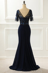 Bridesmaid Dress Formal, Navy Sequin Mermaid Prom Dress With Beading
