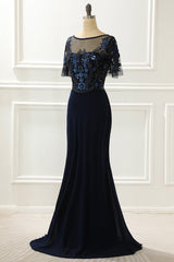 Bridesmaids Dresses Formal, Navy Sequin Mermaid Prom Dress With Beading