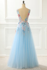 Bridesmaide Dresses Fall, A-Line Blue Princess Prom Dress With Appliques