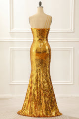 Bridesmaids Dresses Color Palettes, One Shoulder Gold Sparkly Prom Dress with Slit