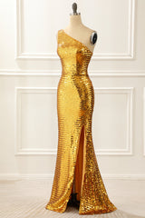 Bridesmaid Dress Color Palettes, One Shoulder Gold Sparkly Prom Dress with Slit