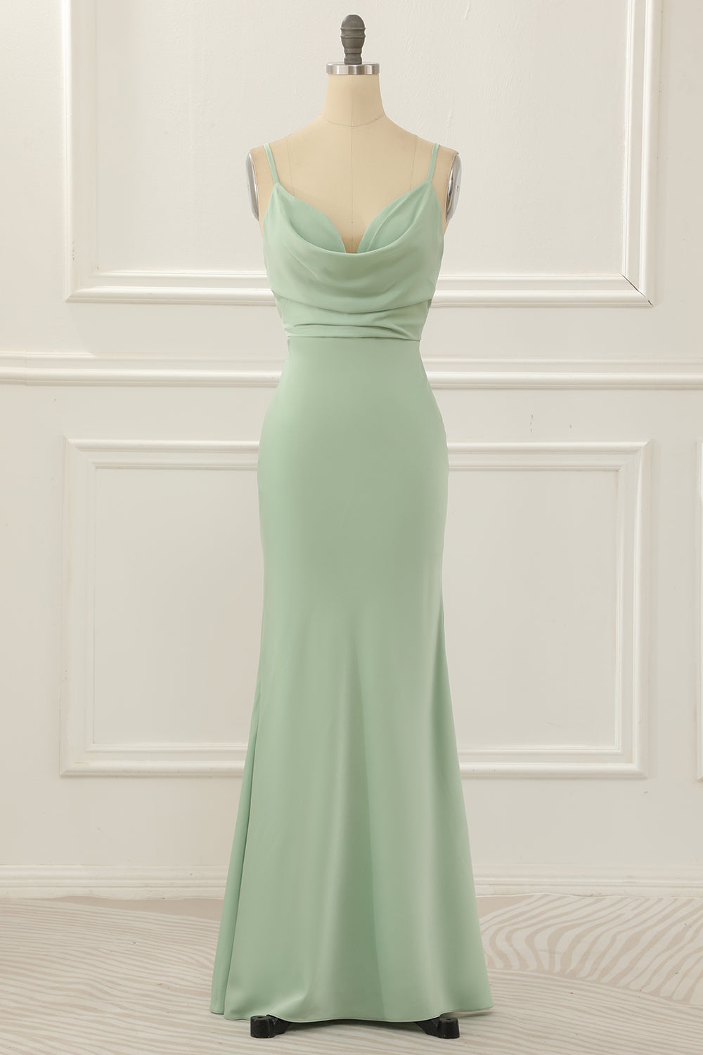 Bridesmaid Dress Long Sleeve, Satin Spaghetti Straps Light Green Bridesmaid Dress