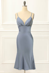Pink Prom Dress, Grey Blue Satin Spaghetti Straps Short Bridesmaid Dress