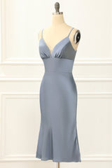 Hoco Dress, Grey Blue Satin Spaghetti Straps Short Bridesmaid Dress