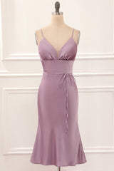 Prom Dresses Two Pieces, Grey Pink Satin Spaghetti Straps Short Bridesmaid Dress
