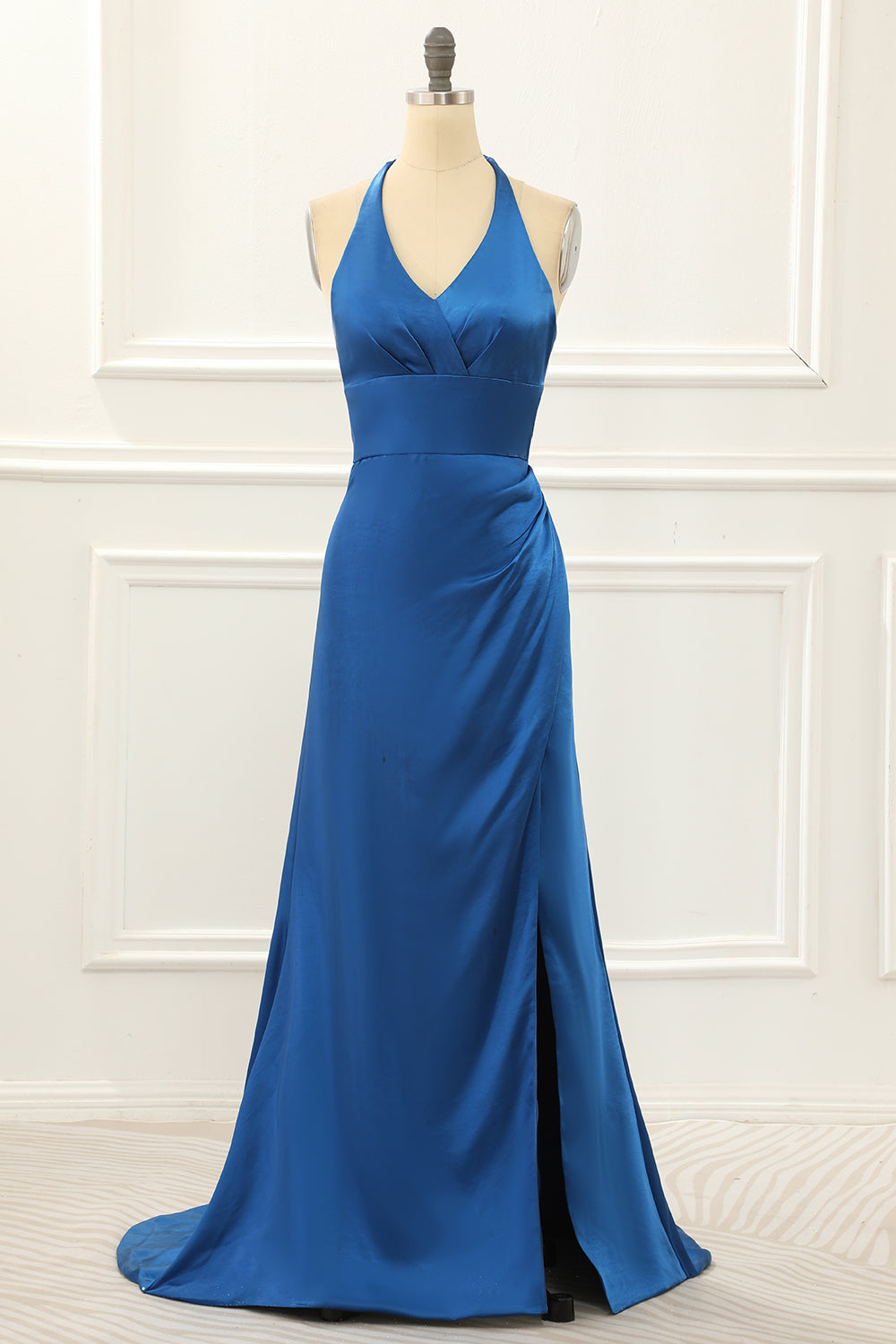 Bridesmaid Dress Sleeveless, Royal Blue Halter Simple Prom Dress with Slit