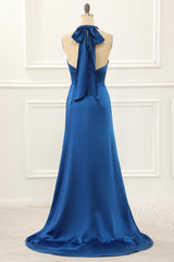 Bridesmaid Dresses Sleeveless, Royal Blue Halter Simple Prom Dress with Slit
