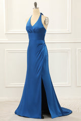 Bridesmaid Dress Uk, Royal Blue Halter Simple Prom Dress with Slit