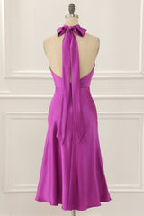 Ball Gown, Fuchsia Satin Halter Short Simple Prom Dress