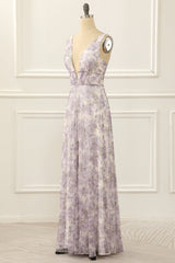 Bridesmaid Dress Dark, Purple Print A Line Simple Prom Dress