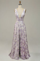 Prom Dress 2036, Iovry Purple Printed V-Neck Prom Dress With Slit