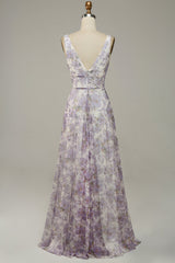 Prom Dresses Dresses, Iovry Purple Printed V-Neck Prom Dress With Slit