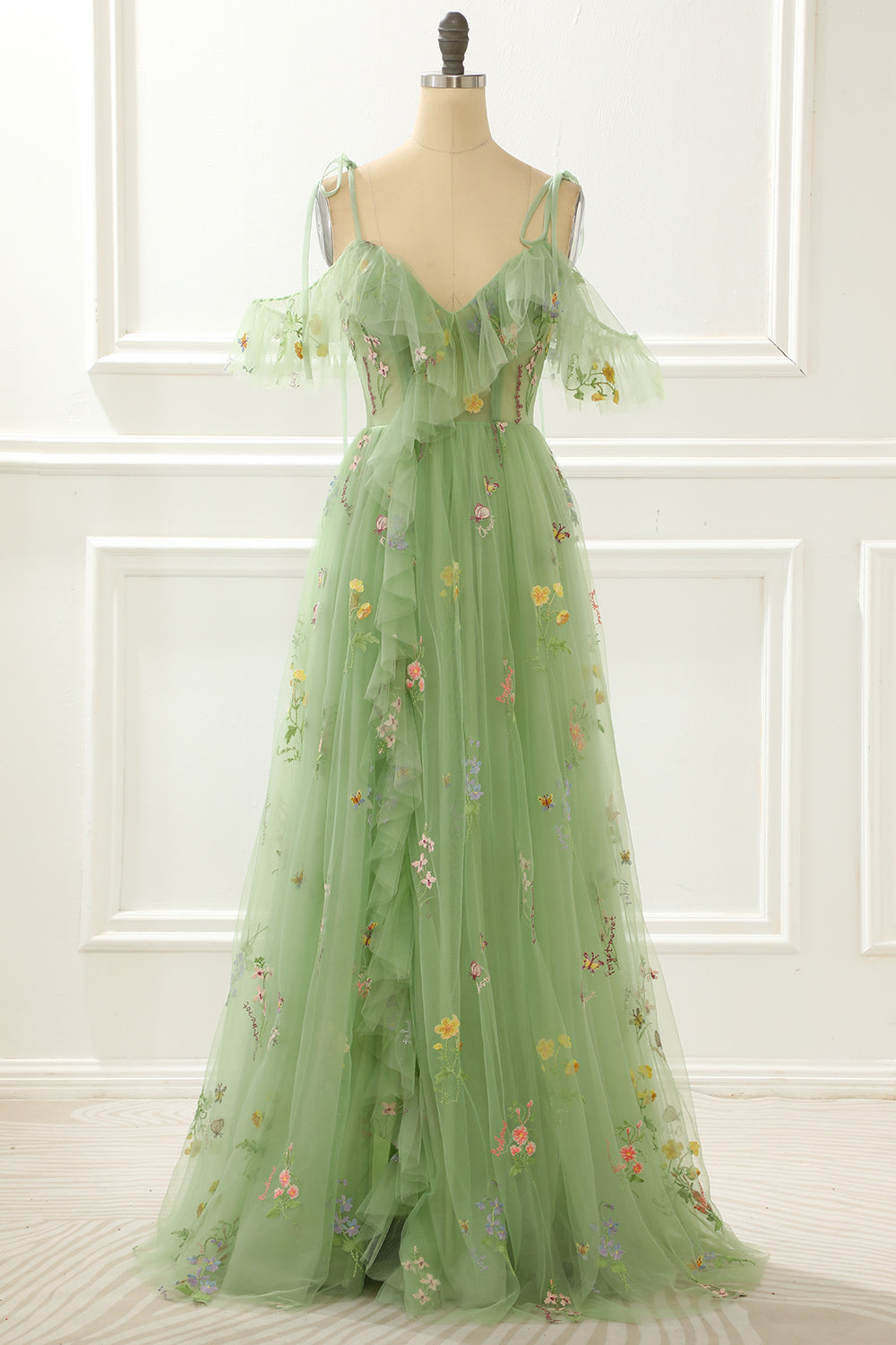 Bridesmaid Dresses Shop, A-Line Embroidery Green Prom Dress with Slit