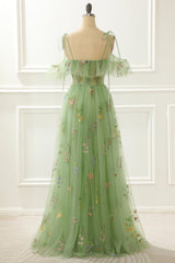 Bridesmaid Dresses Shops, A-Line Embroidery Green Prom Dress with Slit