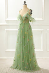 Bridesmaid Dress Shopping, A-Line Embroidery Green Prom Dress with Slit