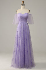 Party Dress For Christmas, Off Shoulder Lavender Prom Dress with Ruffles