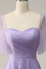 Party Dress After Wedding, Off Shoulder Lavender Prom Dress with Ruffles