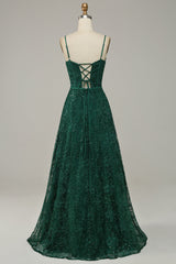 Bridesmaid Dress Long, Dark Green Lace Spaghetti Straps Corset Prom Dress