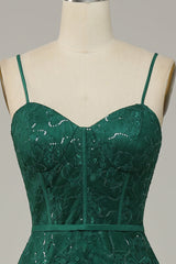Bridesmaid Dress Trends, Dark Green Lace Spaghetti Straps Corset Prom Dress