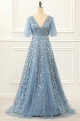 Bridesmaids Dresses Chiffon, Blue A Line Tulle Prom Dress with Lace Appliques