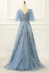 Bridesmaid Dress For Girls, Blue A Line Tulle Prom Dress with Lace Appliques