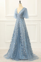 Bridesmaid Dresses For Girls, Blue A Line Tulle Prom Dress with Lace Appliques