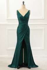 Bridesmaid Dresses Blues, Dark Green Spaghetti Straps Saprkly Prom Dress With Slit