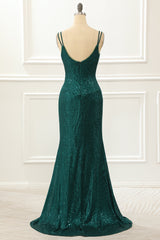 Bridesmaids Dress Blue, Dark Green Spaghetti Straps Saprkly Prom Dress With Slit