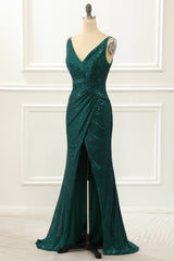 Bridesmaid Dresses Pinks, Dark Green Spaghetti Straps Saprkly Prom Dress With Slit