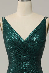 Bridesmaids Dress Inspiration, Dark Green Sequined Spaghetti Straps Prom Dress With Slit