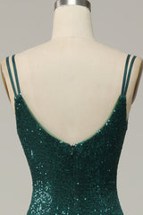 Bridesmaid Dresses Inspiration, Dark Green Sequined Spaghetti Straps Prom Dress With Slit