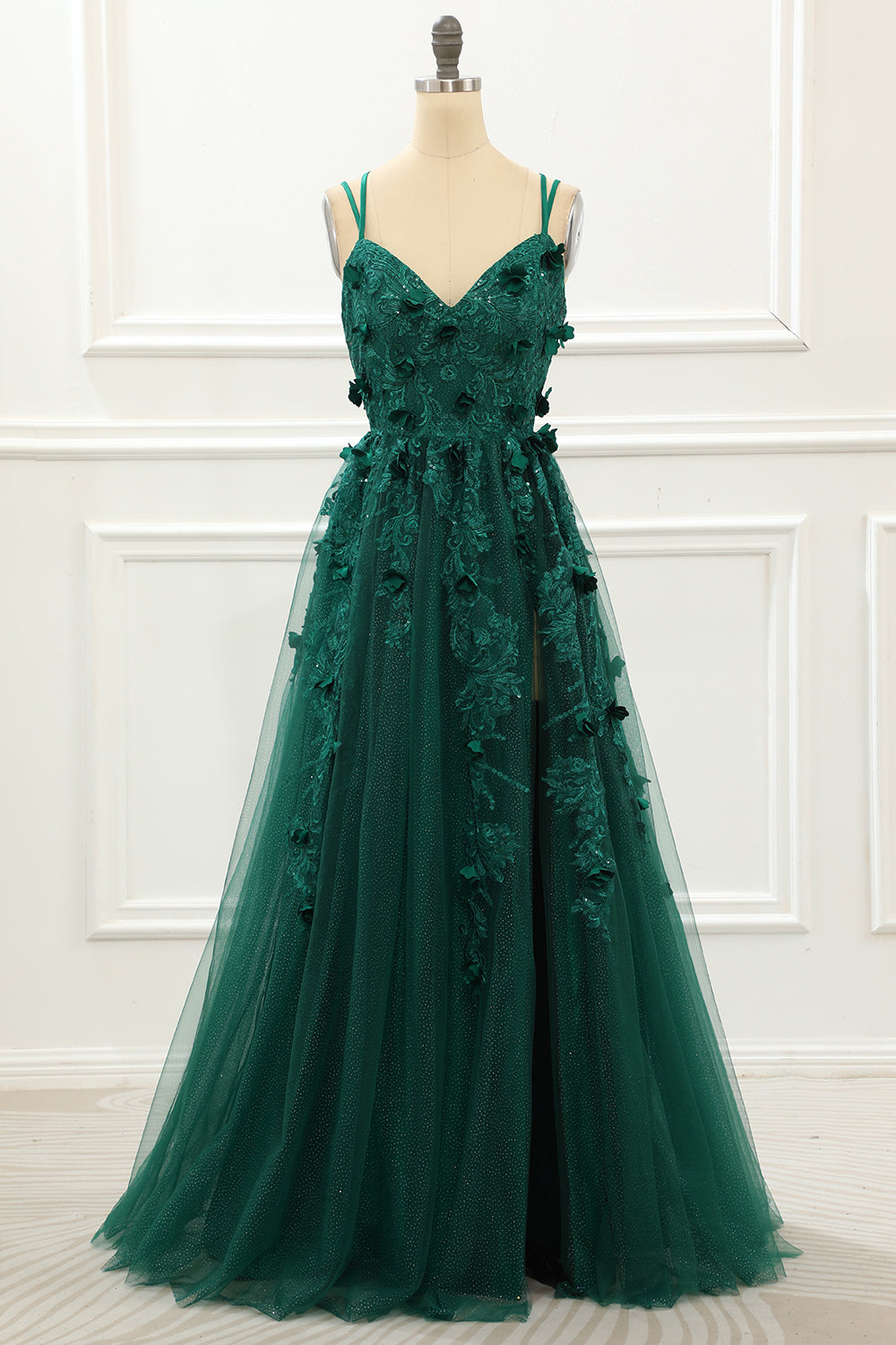 Prom Dresses 2029 Black, A Line Dark Green Tulle Prom Dress with Appliques