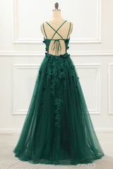 Prom Dresses Dark Blue, A Line Dark Green Tulle Prom Dress with Appliques
