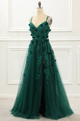 Prom Dress Navy, A Line Dark Green Tulle Prom Dress with Appliques