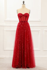 Prom Dress Long Mermaid, Strapless Red Tulle A Line Corset Prom Dress